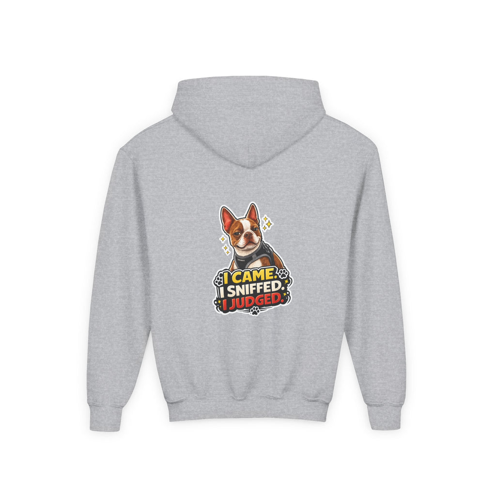 Youth Hoodie — Cute Olli the Boston Terrier ‘My Nose Says This Way’ / ‘I Came, I Sniffed, I Judged’