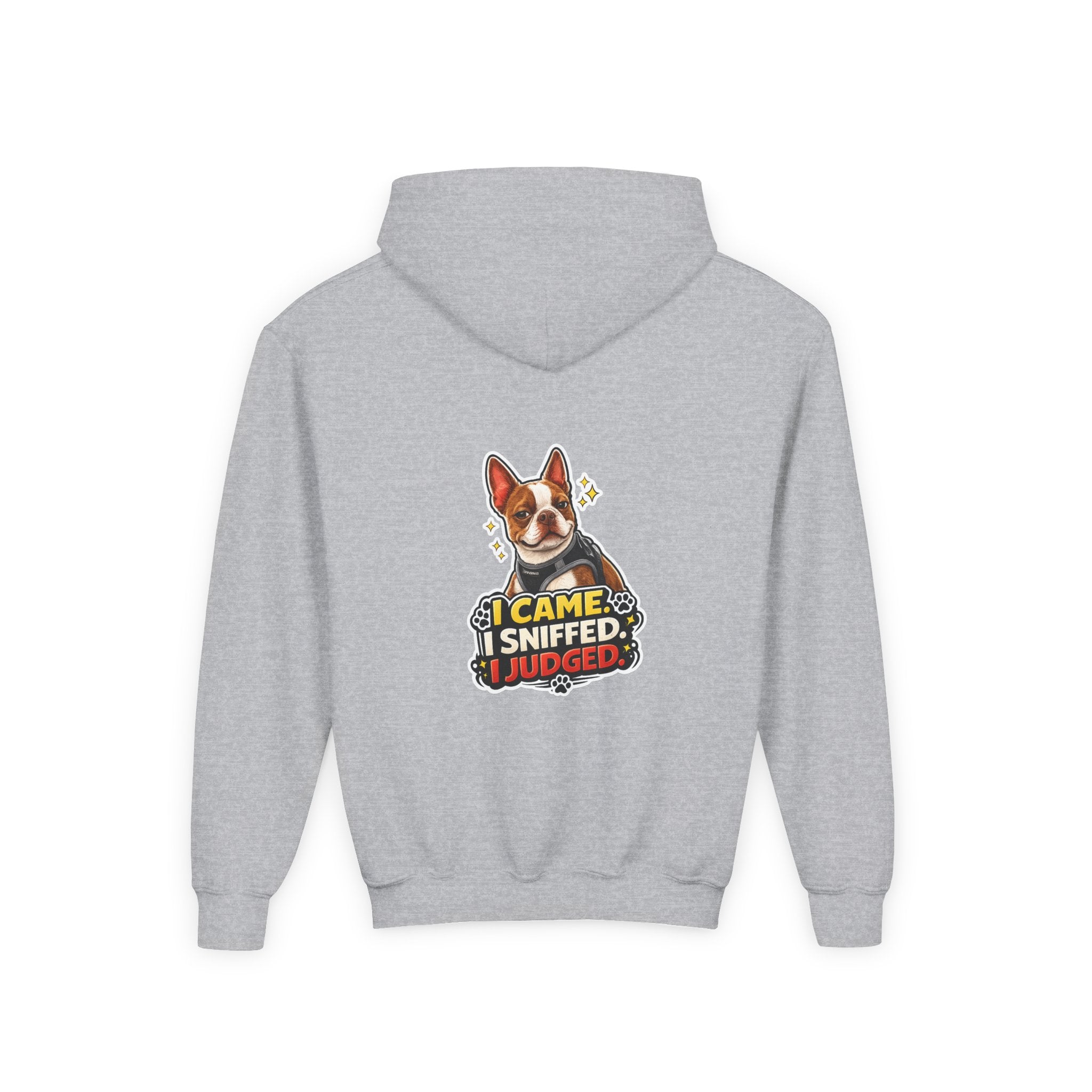 Youth Hoodie — Olli In Italy Boston Terrier Dog Design ‘My Nose Says This Way’ / ‘I Came, I Sniffed, I Judged’