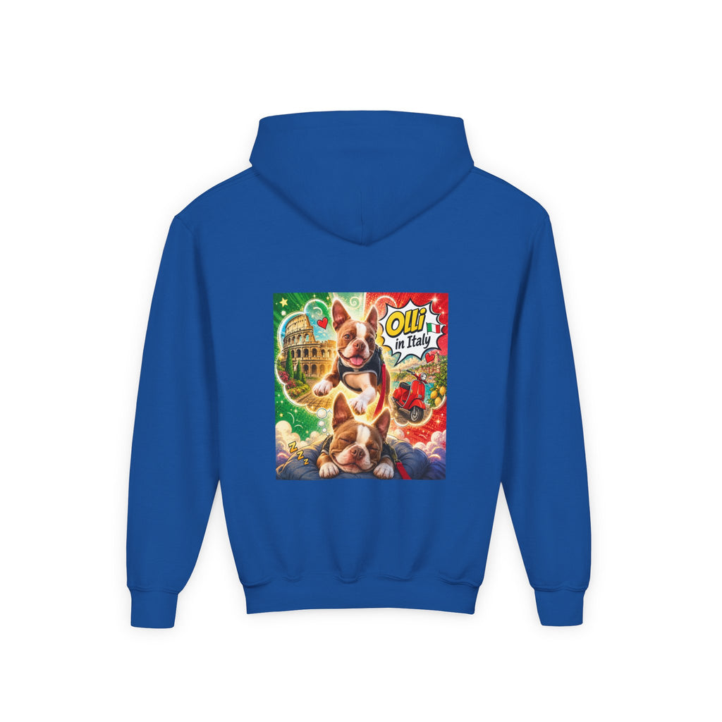 Youth Hoodie — "Olli from Italy" Boston Terrier Christmas Holiday Sweatshirt