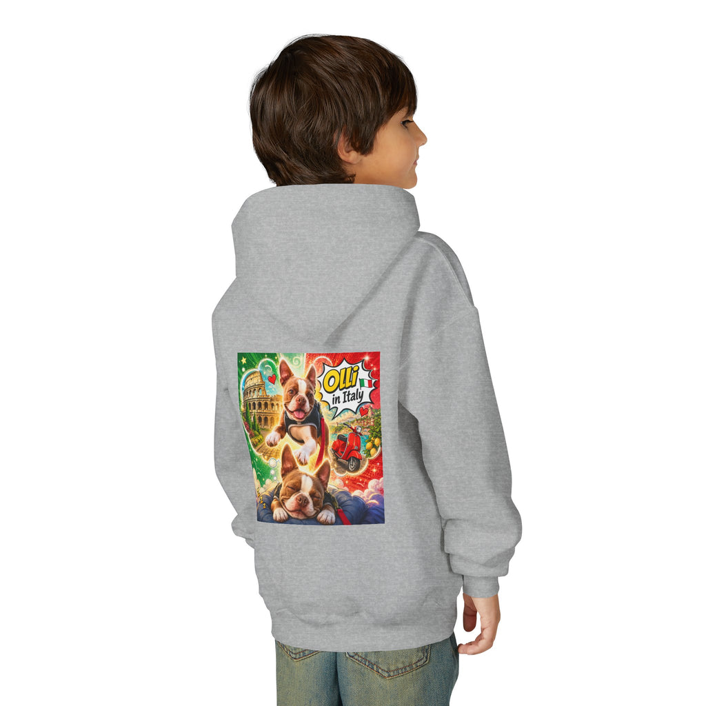 Youth Hoodie — "Olli from Italy" Boston Terrier Christmas Holiday Sweatshirt