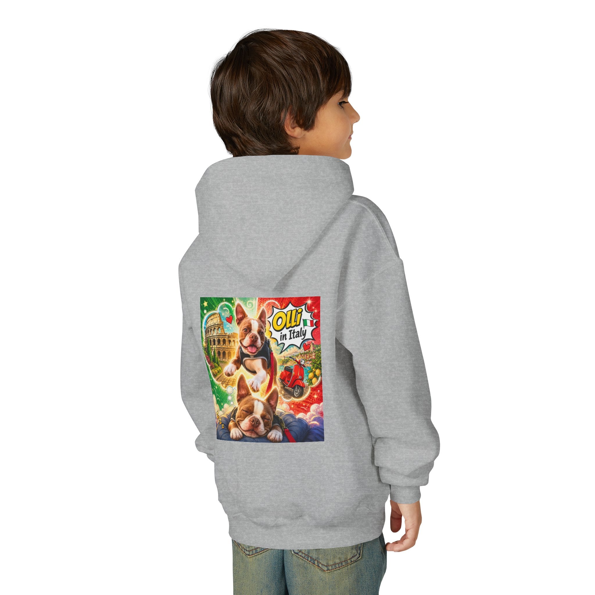 Youth Hoodie — "Olli in Italy" Boston Terrier Sweatshirt