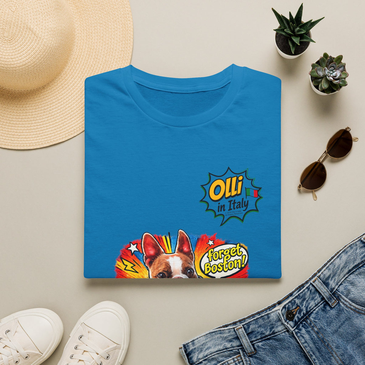 Olli in Italy "Forget Boston" Graphic T-Shirt — Colorful Dog Pop Art Tee