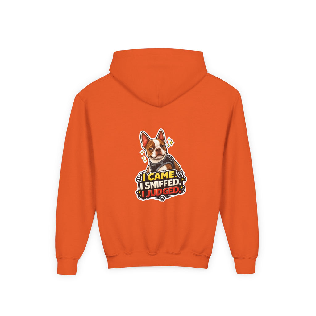 Youth Hoodie — Cute Olli the Boston Terrier ‘My Nose Says This Way’ / ‘I Came, I Sniffed, I Judged’