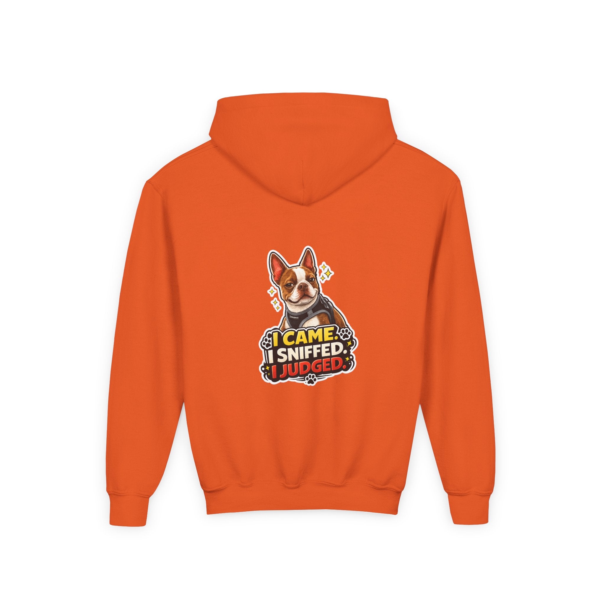Youth Hoodie — Cute Olli the Boston Terrier ‘My Nose Says This Way’ / ‘I Came, I Sniffed, I Judged’