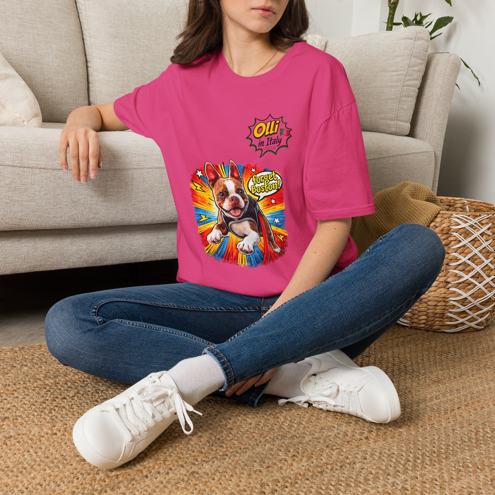 Olli in Italy "Forget Boston" Graphic T-Shirt — Colorful Dog Pop Art Tee