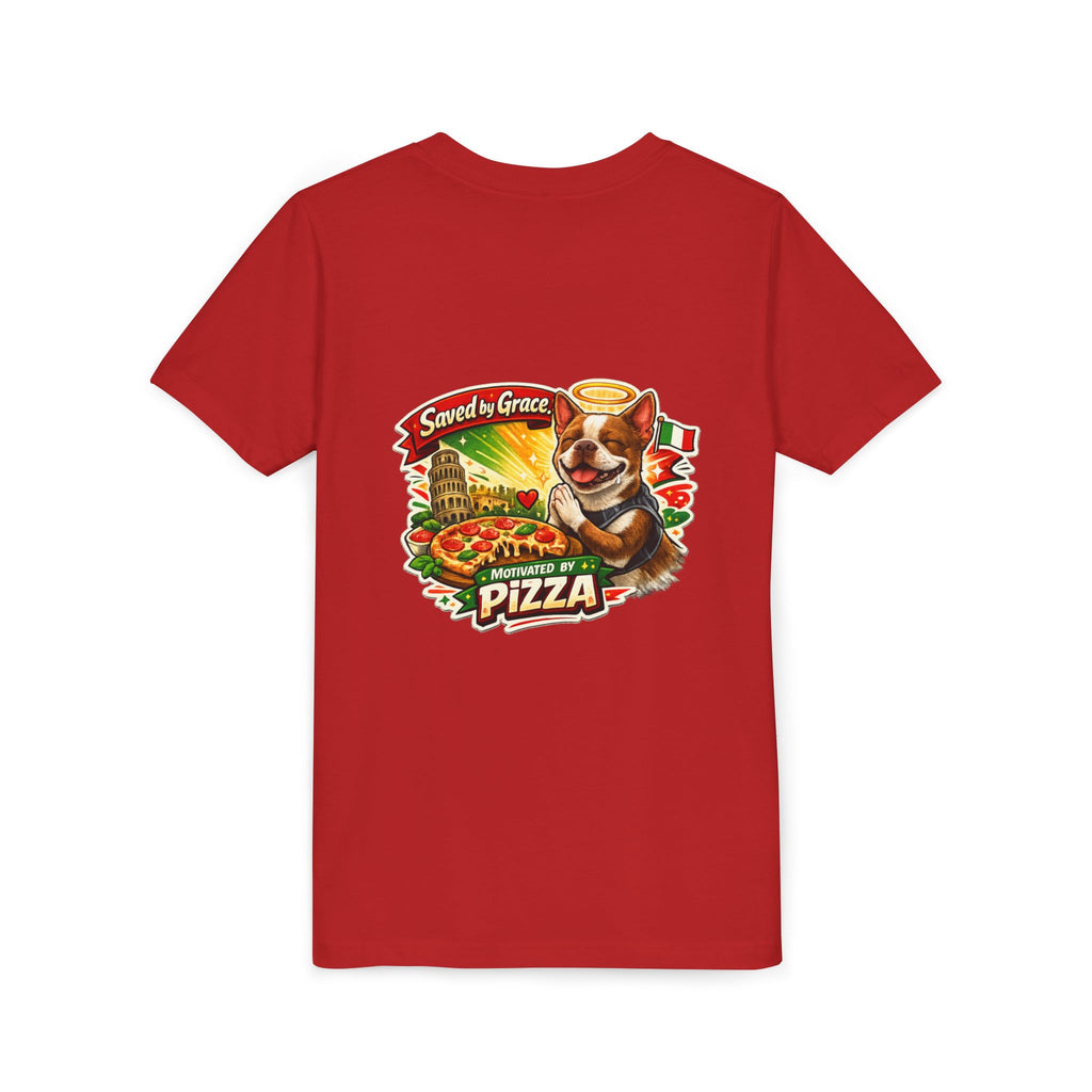 Kids' Pizza Olli the Boston Terrier Tee — "Saved by Grace" Funny Italian Pizza Youth Shirt