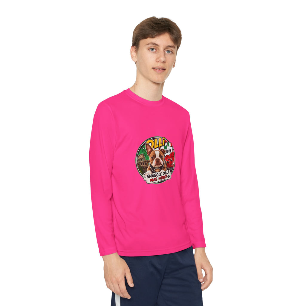 Olli the Boston Terrier in Italy Youth Long Sleeve Tee — "Olli" Surf Rescue Graphic
