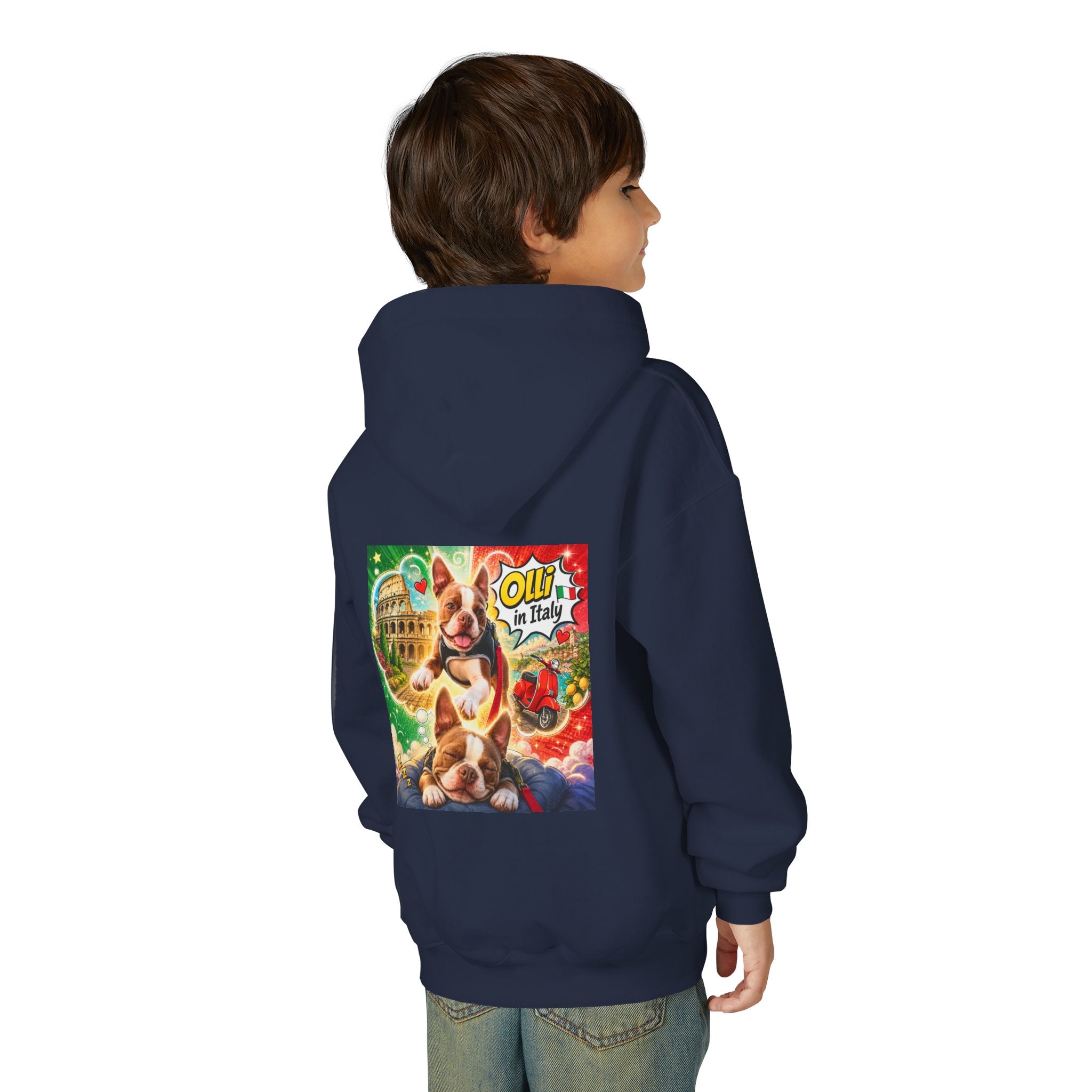 Youth Hoodie — "Olli in Italy" Boston Terrier Sweatshirt