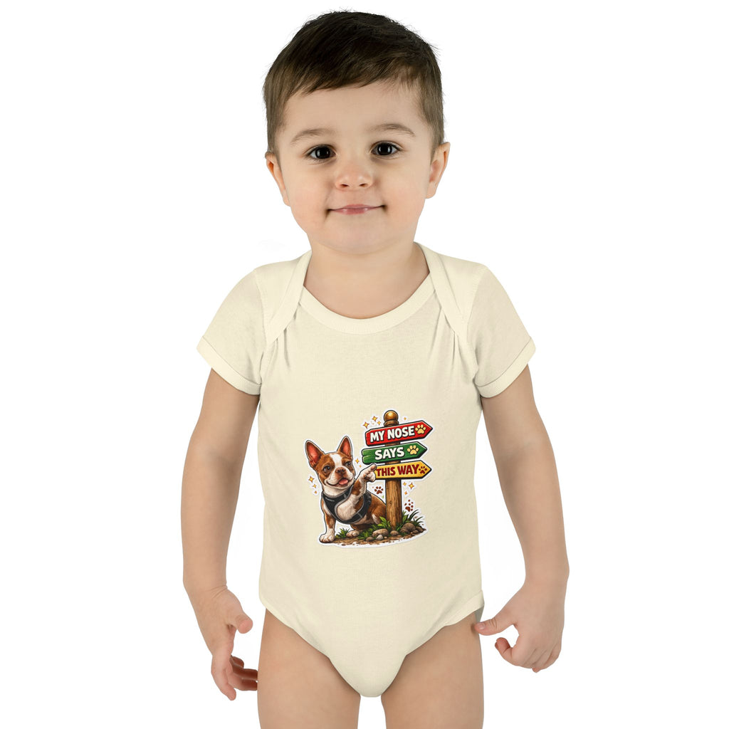 Infant Bodysuit — "My Nose Says This Way" Olli In Italy Boston Terrier Onesie (Front & Back Cute Dog Design)