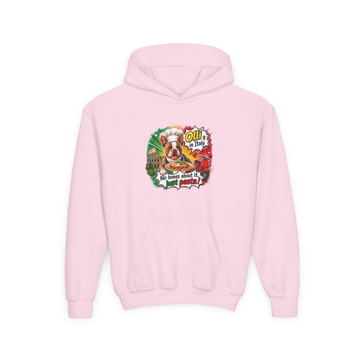 Youth Hoodie — "Olli from Italy" Boston Terrier Christmas Holiday Sweatshirt