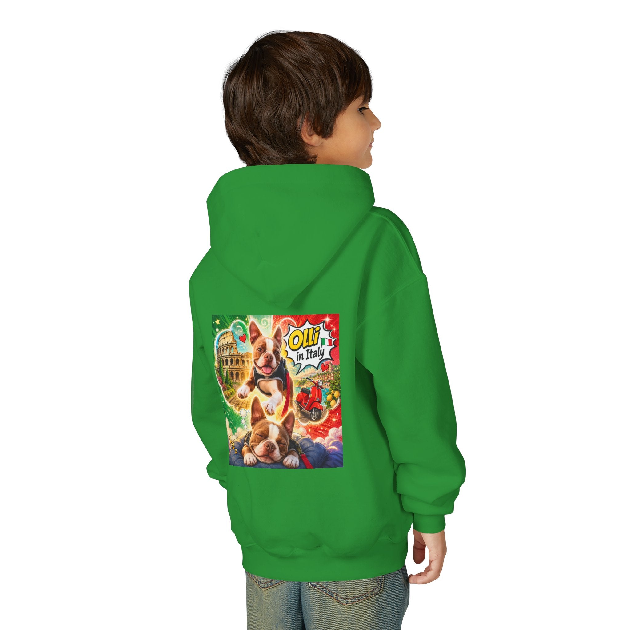 Youth Hoodie — "Olli in Italy" Boston Terrier Sweatshirt
