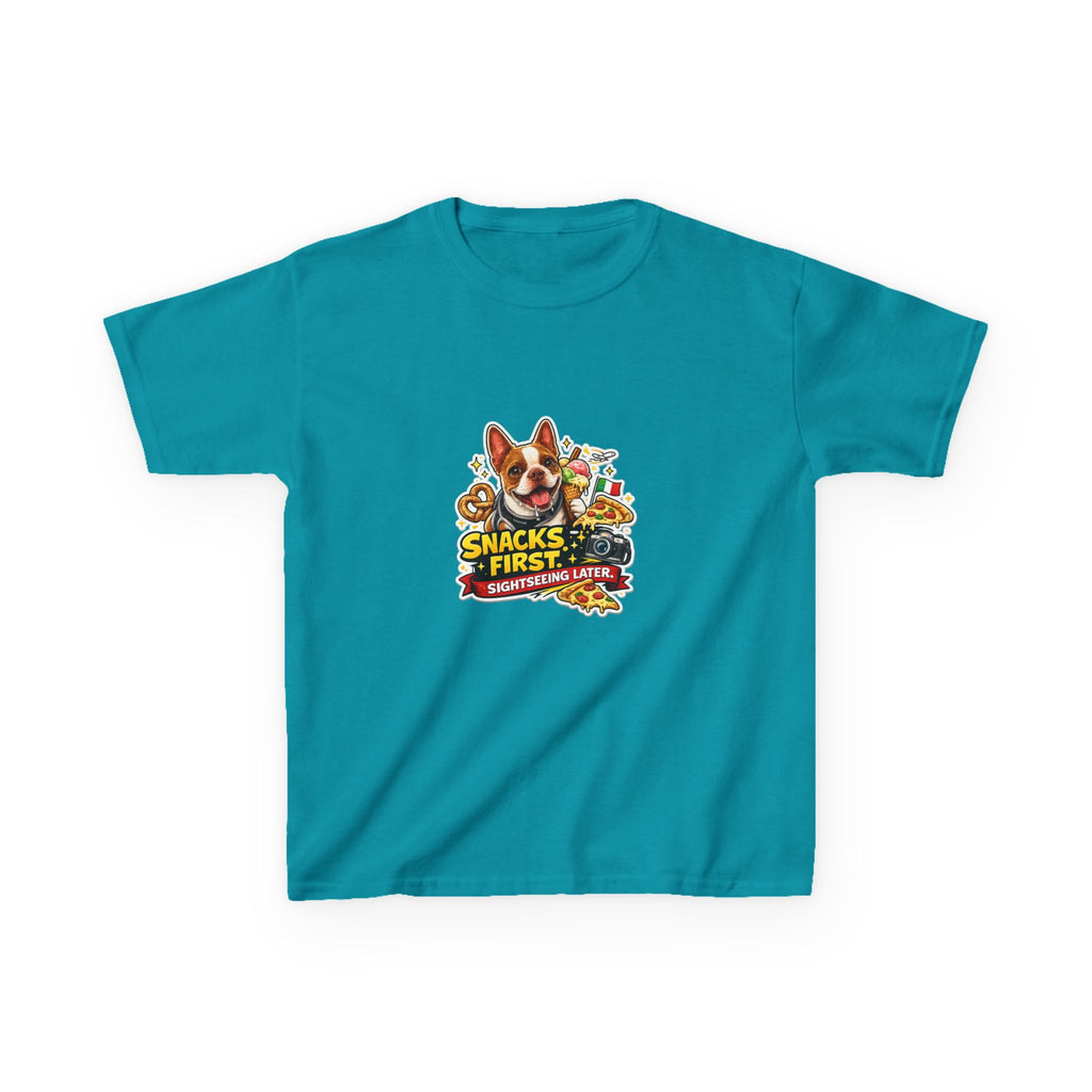 Kids T‑Shirt — "Snacks First" Funny Olli the Boston Terrier Graphic Tee for Children