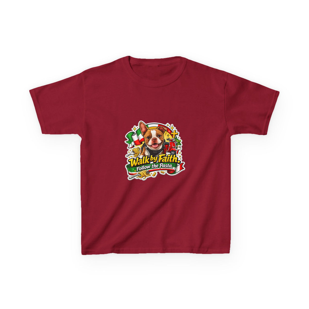 Kids T‑Shirt — “Walk by Faith, Follow the Pasta ” Cute Olli the Boston Terrier Faith Graphic