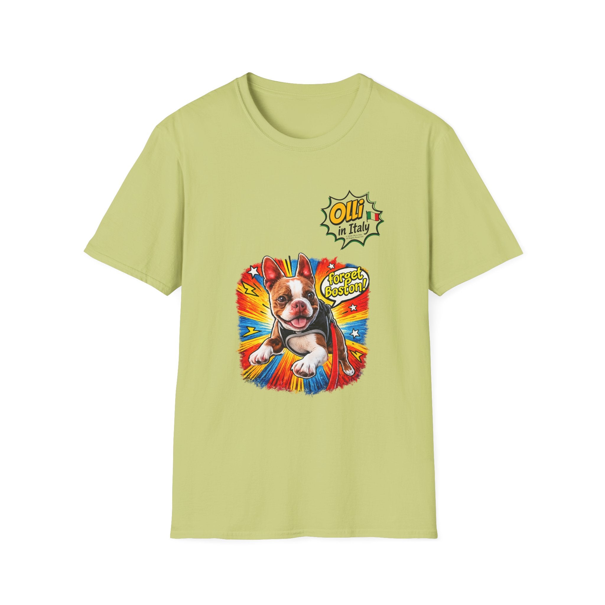 Olli in Italy "Forget Boston" Graphic T-Shirt — Colorful Dog Pop Art Tee