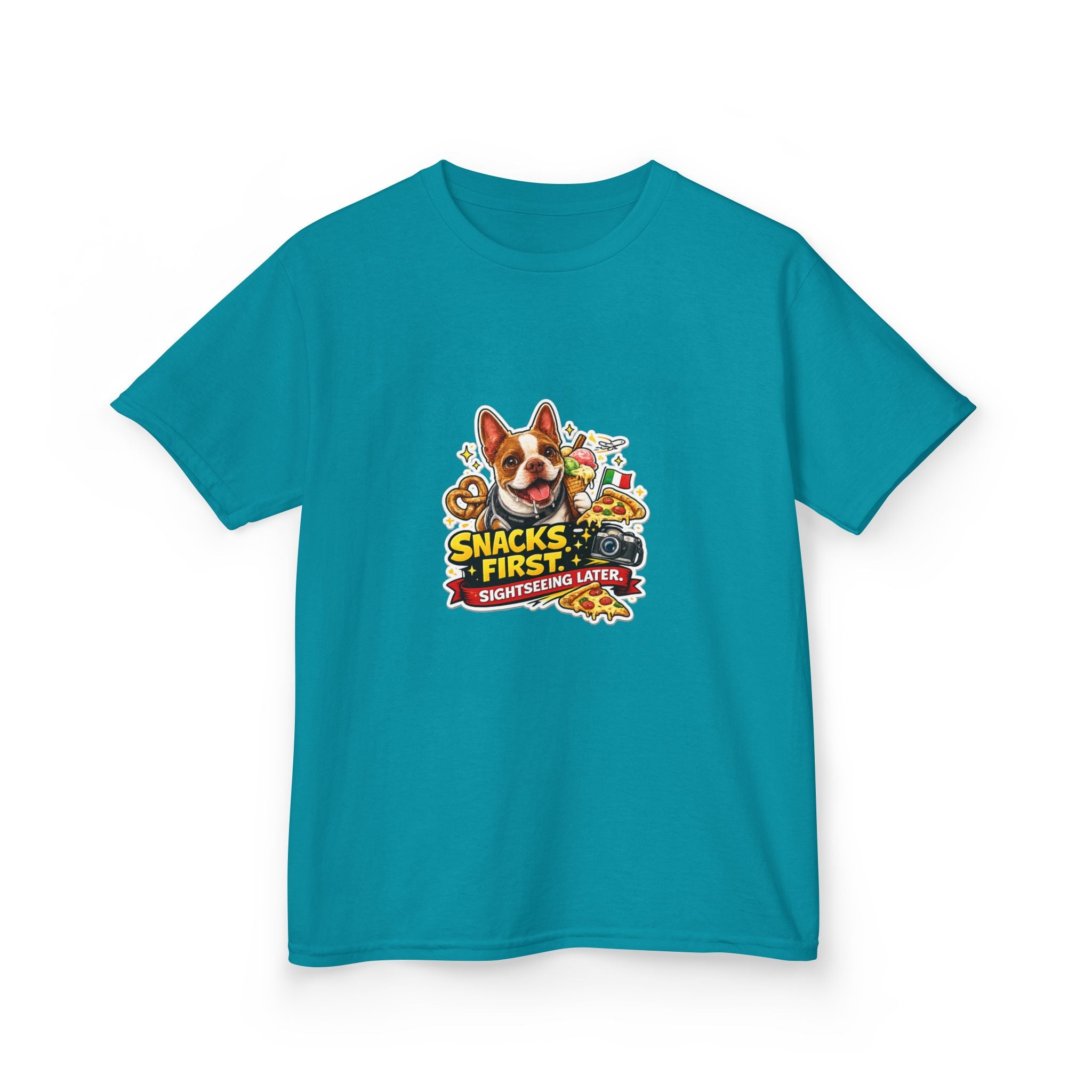 Kids T‑Shirt — "Snacks First" Funny Olli the Boston Terrier Graphic Tee for Children