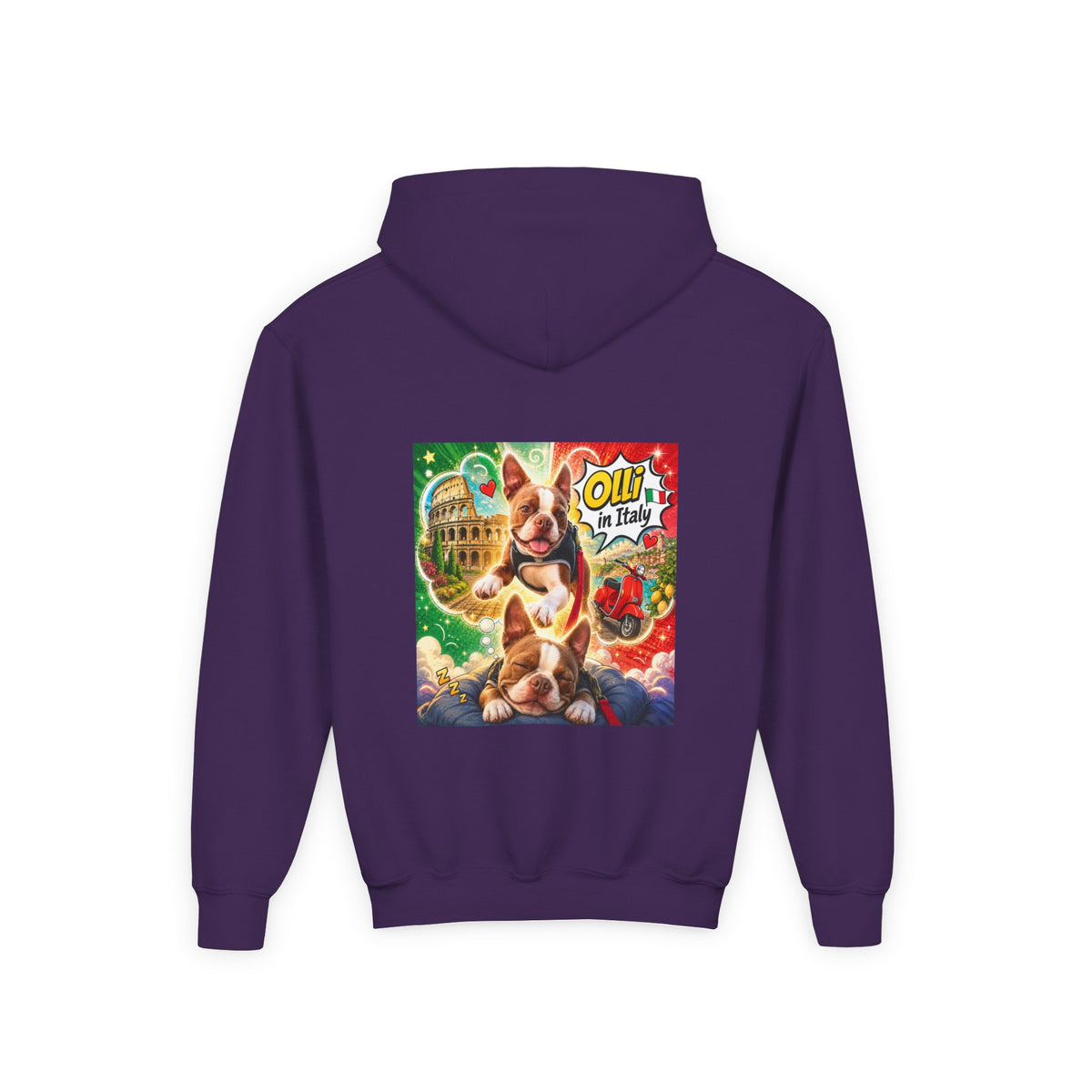 Youth Hoodie — "Olli from Italy" Boston Terrier Christmas Holiday Sweatshirt
