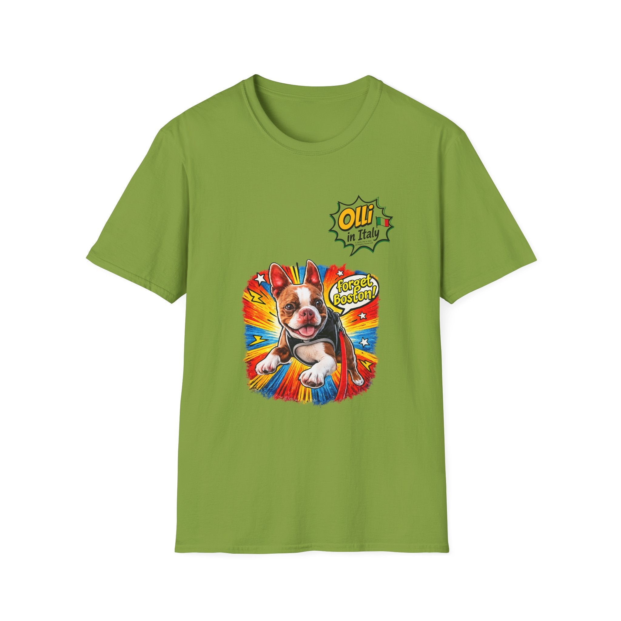 Olli in Italy "Forget Boston" Graphic T-Shirt — Colorful Dog Pop Art Tee