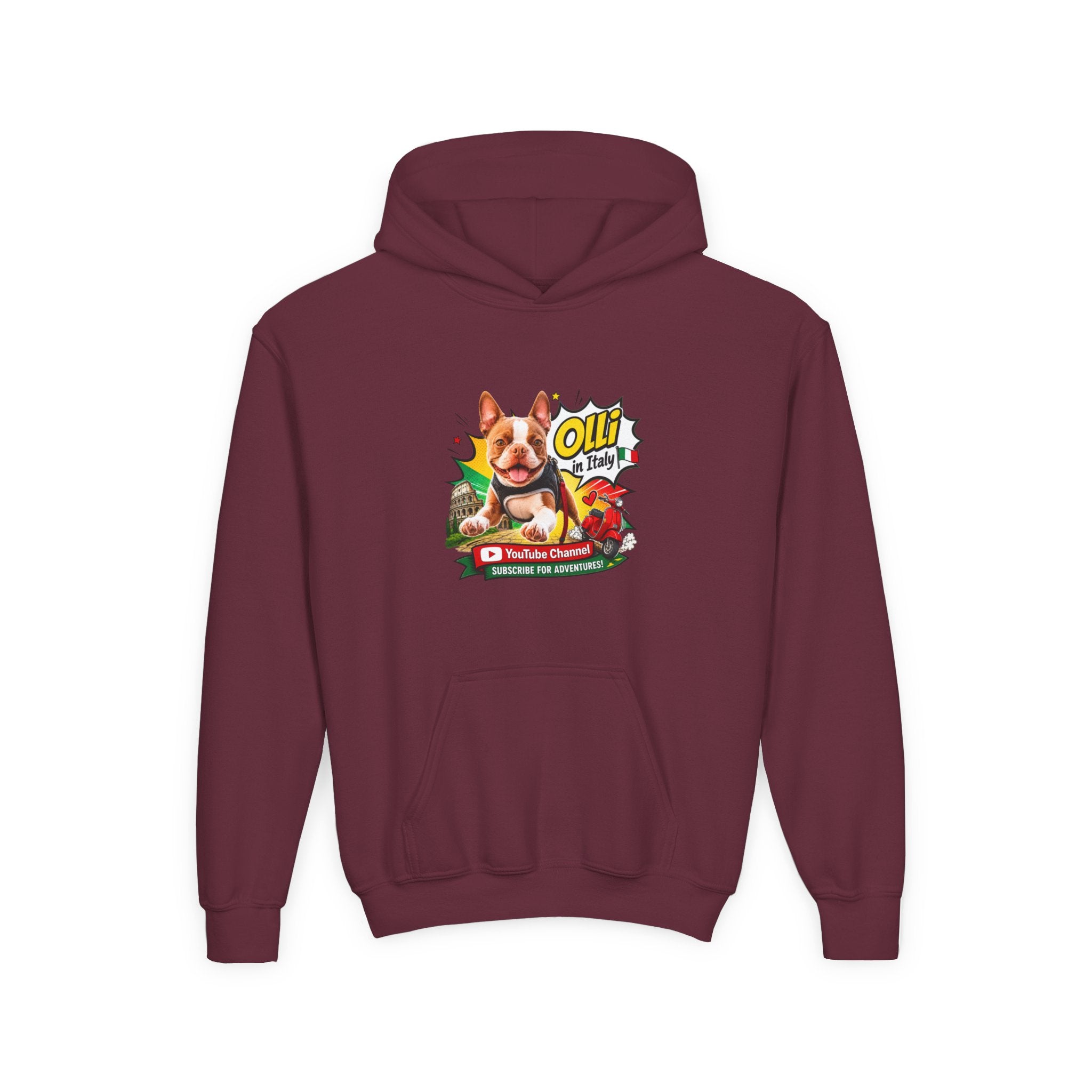 Olli the Boston Terrier in Italy Hoodie — "My Nose Says This Way" Youth Pullover