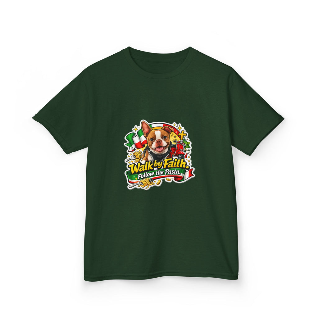 Kids T‑Shirt — “Walk by Faith, Follow the Pasta ” Cute Olli the Boston Terrier Faith Graphic