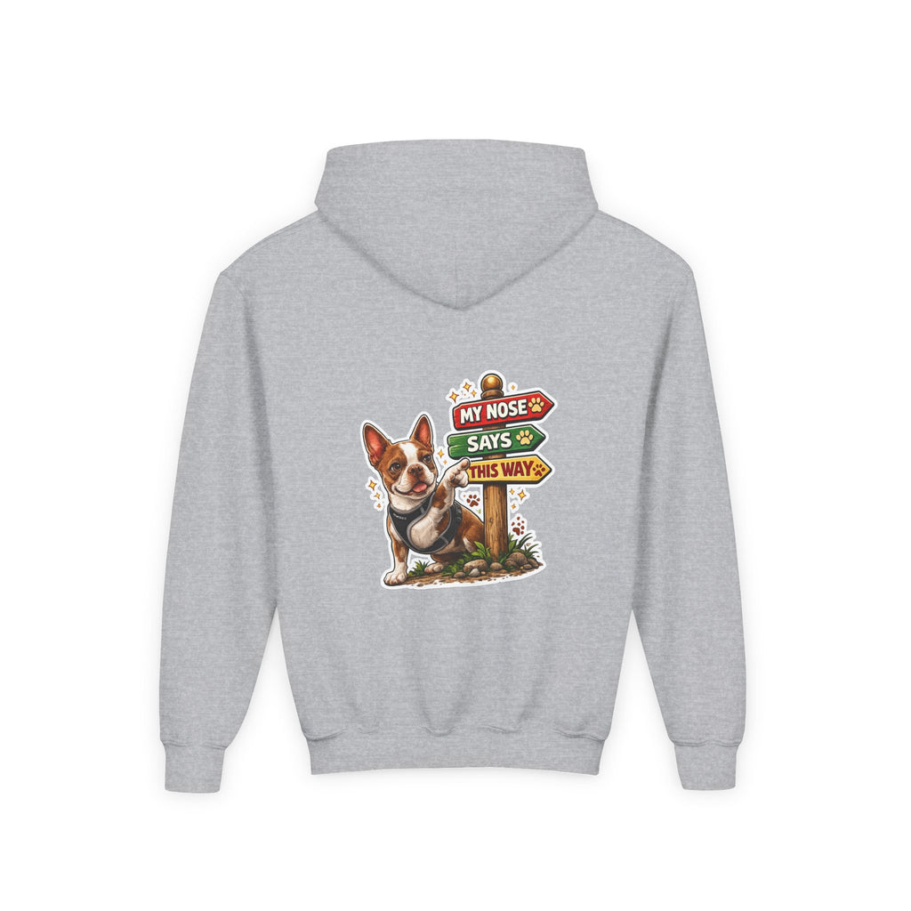 Olli the Boston Terrier in Italy Hoodie — "My Nose Says This Way" Youth Pullover