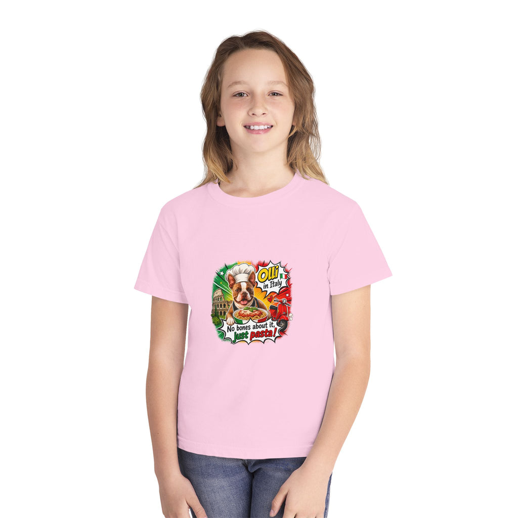 Youth Tee - Cute Olli the Boston Terrier "My Nose Says This Way" Vintage Italian Pizza Chef Graphic