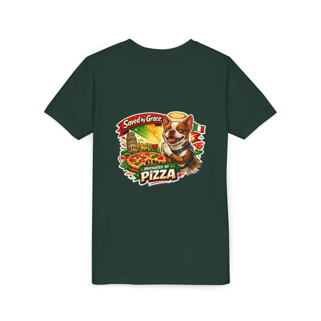Kids' Pizza Olli the Boston Terrier Tee — "Saved by Grace" Funny Italian Pizza Youth Shirt