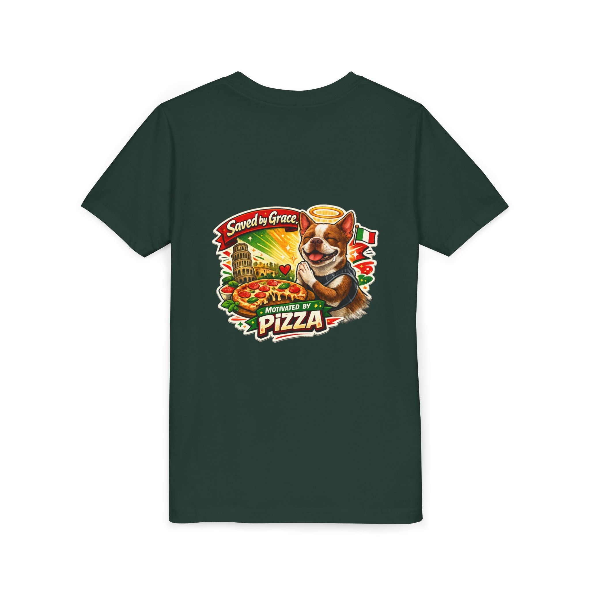 Kids' Pizza Olli the Boston Terrier in Italy Tee — "Saved by Grace" Funny Italian Pizza Youth Shirt