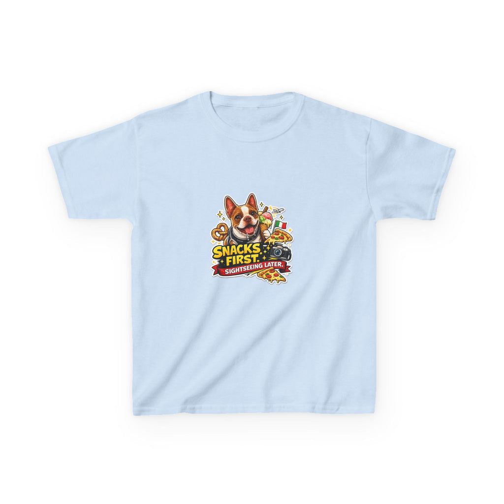 Kids T‑Shirt — "Snacks First" Funny Olli the Boston Terrier Graphic Tee for Children
