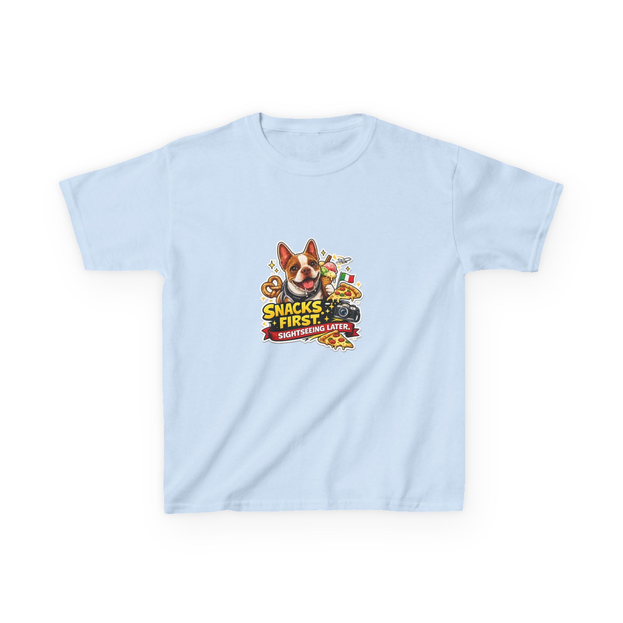 Kids T‑Shirt — "Snacks First" Funny Olli the Boston Terrier Graphic Tee for Children