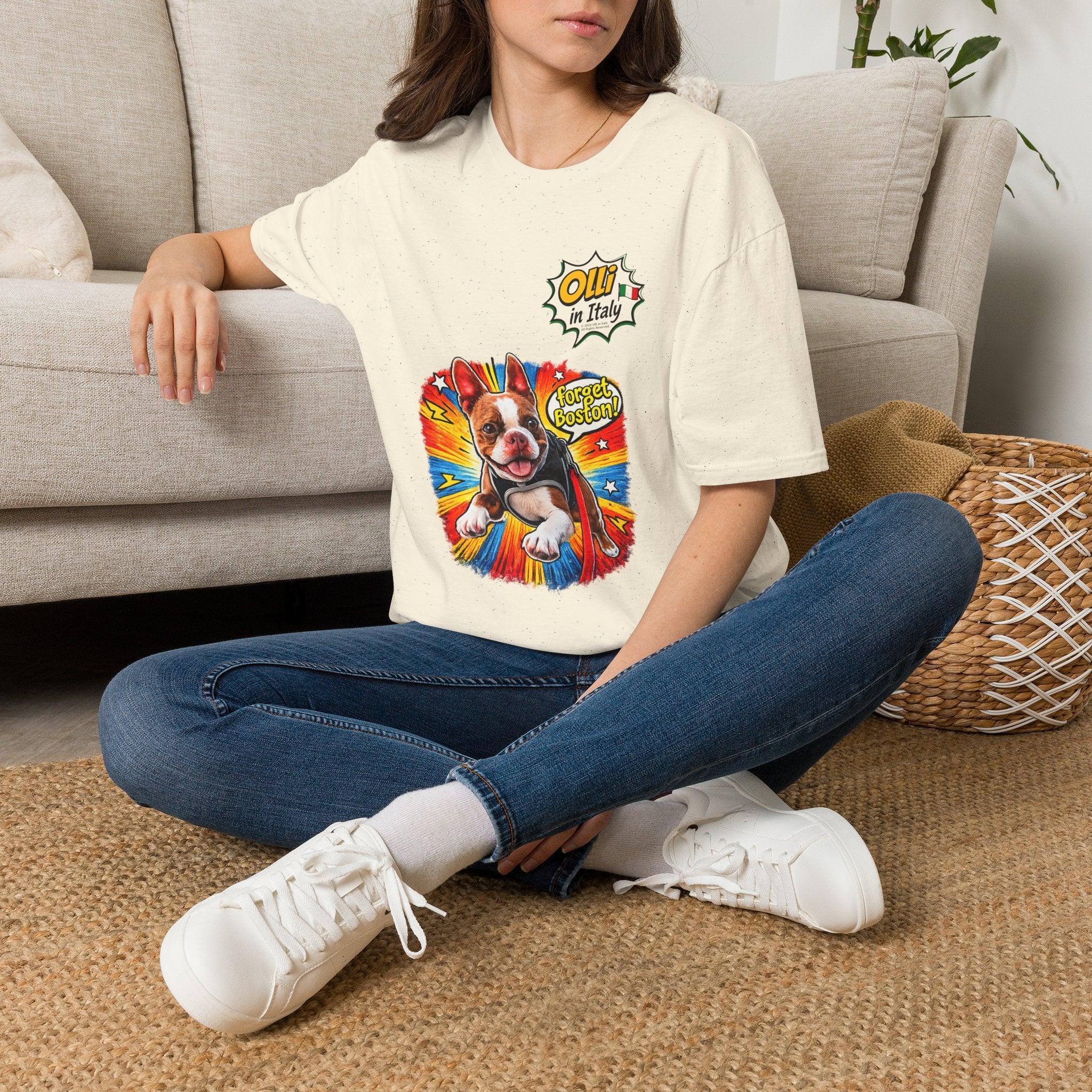 Olli in Italy "Forget Boston" Graphic T-Shirt — Colorful Dog Pop Art Tee
