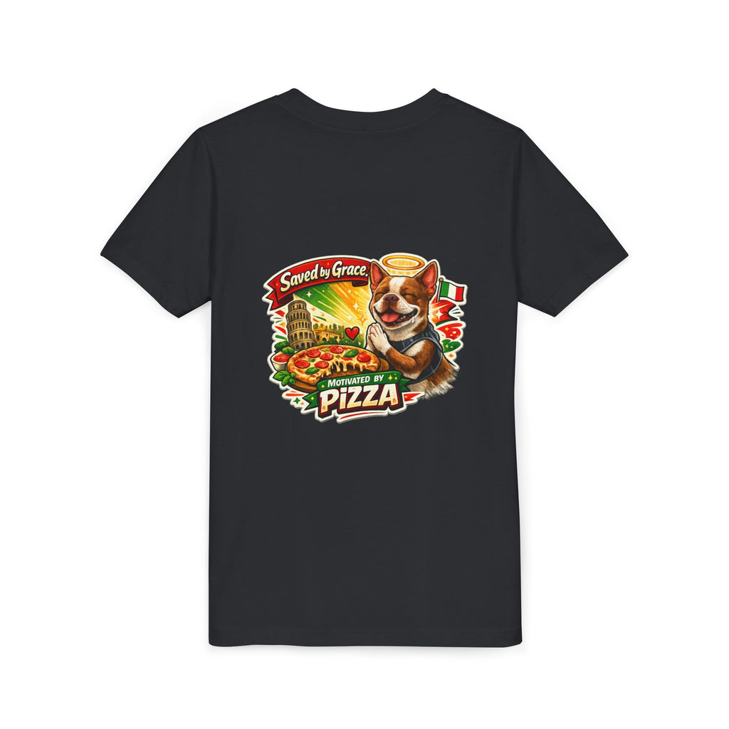 Kids' Pizza Olli the Boston Terrier Tee — "Saved by Grace" Funny Italian Pizza Youth Shirt