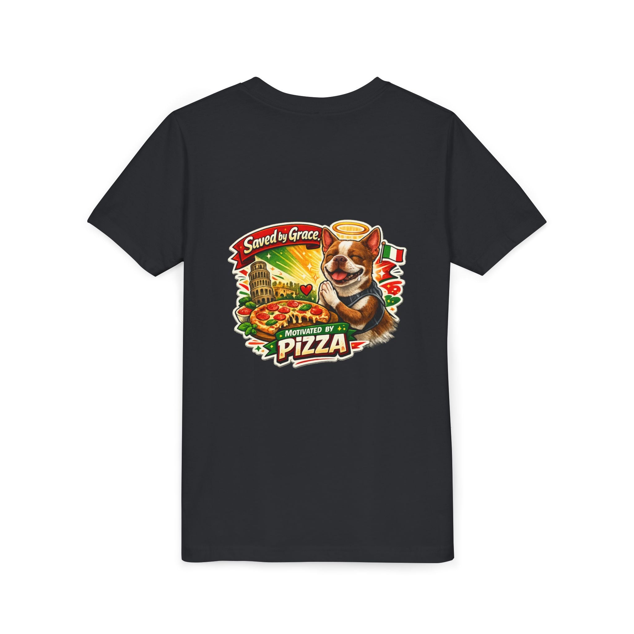Kids' Pizza Olli the Boston Terrier Tee — "Saved by Grace" Funny Italian Pizza Youth Shirt