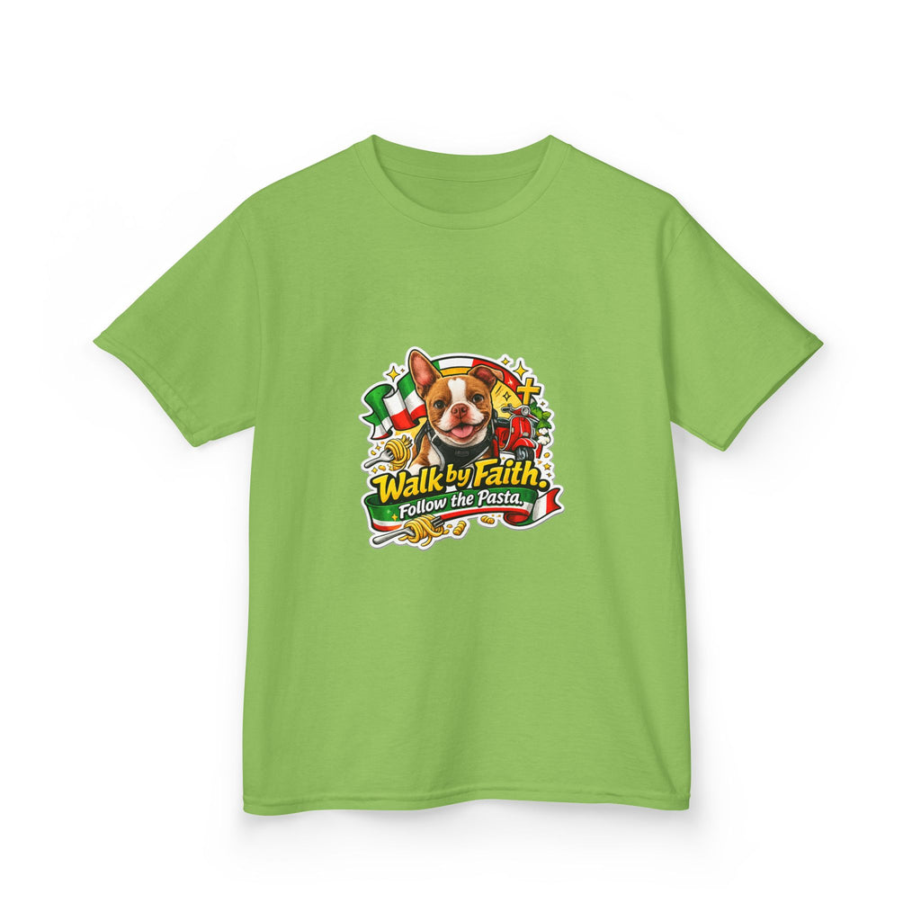 Kids T‑Shirt — “Walk by Faith, Follow the Pasta ” Cute Olli the Boston Terrier Faith Graphic