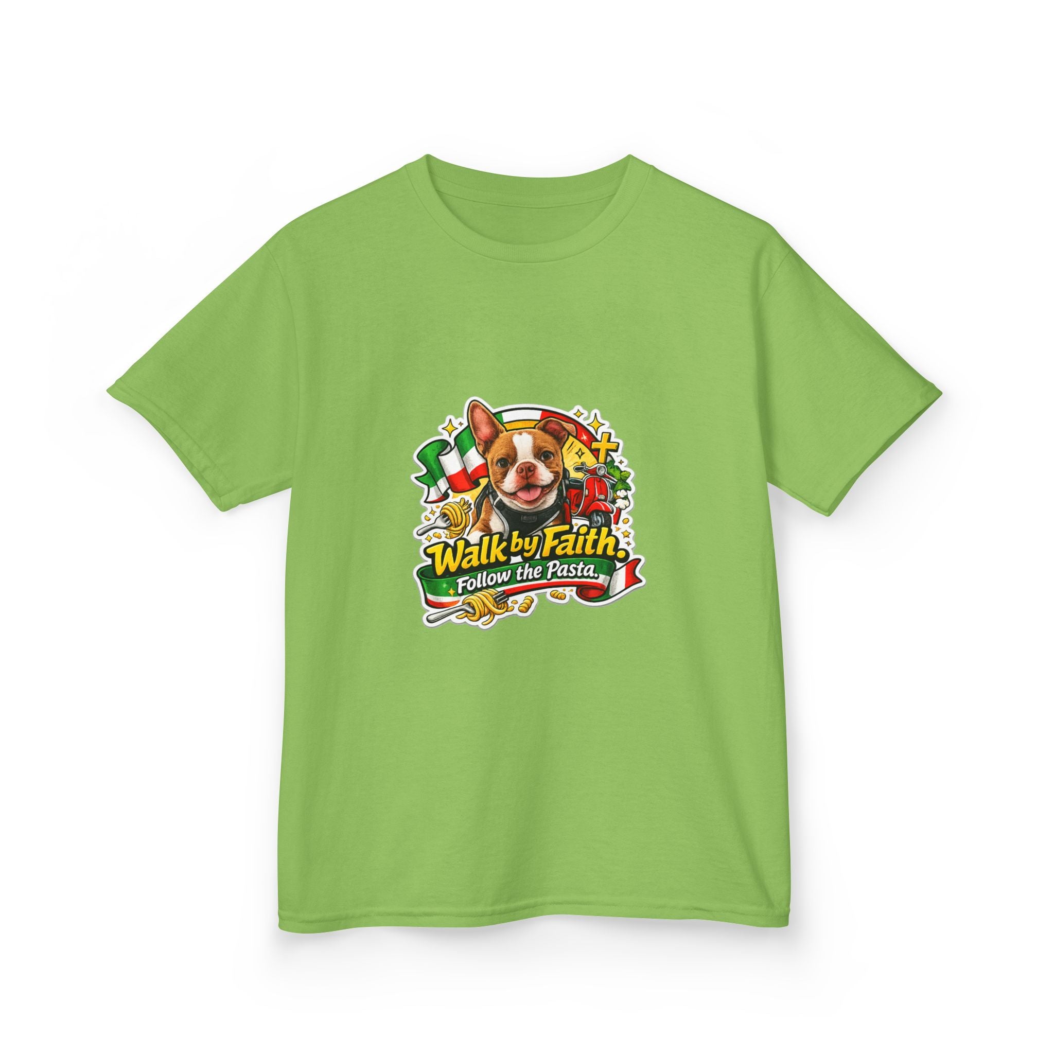 Kids T‑Shirt — “Walk by Faith, Follow the Path” Cute Olli the Boston Terrier In Italy Dog Faith Graphic