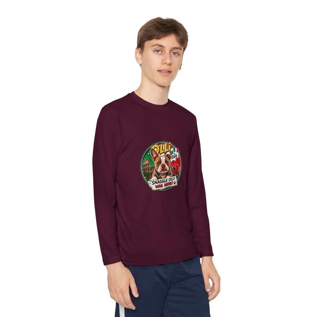 Olli the Boston Terrier in Italy Youth Long Sleeve Tee — "Olli" Surf Rescue Graphic
