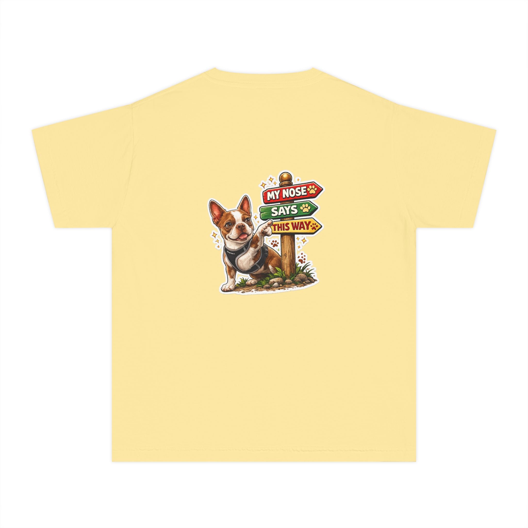 Youth Tee - Cute Olli In Italy Boston Terrier "My Nose Says This Way" Vintage Italian Pizza Chef Graphic