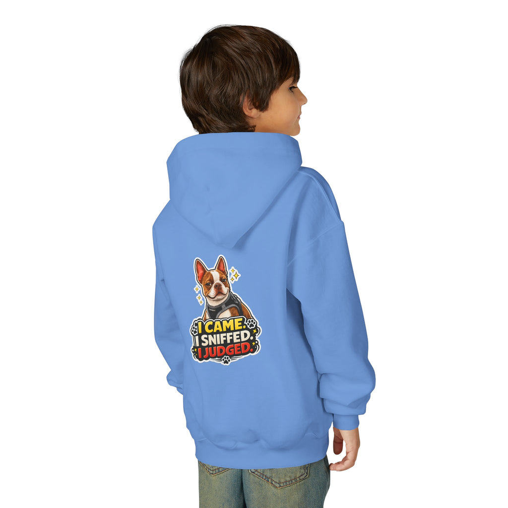Youth Hoodie — Olli In Italy Boston Terrier Dog Design ‘My Nose Says This Way’ / ‘I Came, I Sniffed, I Judged’