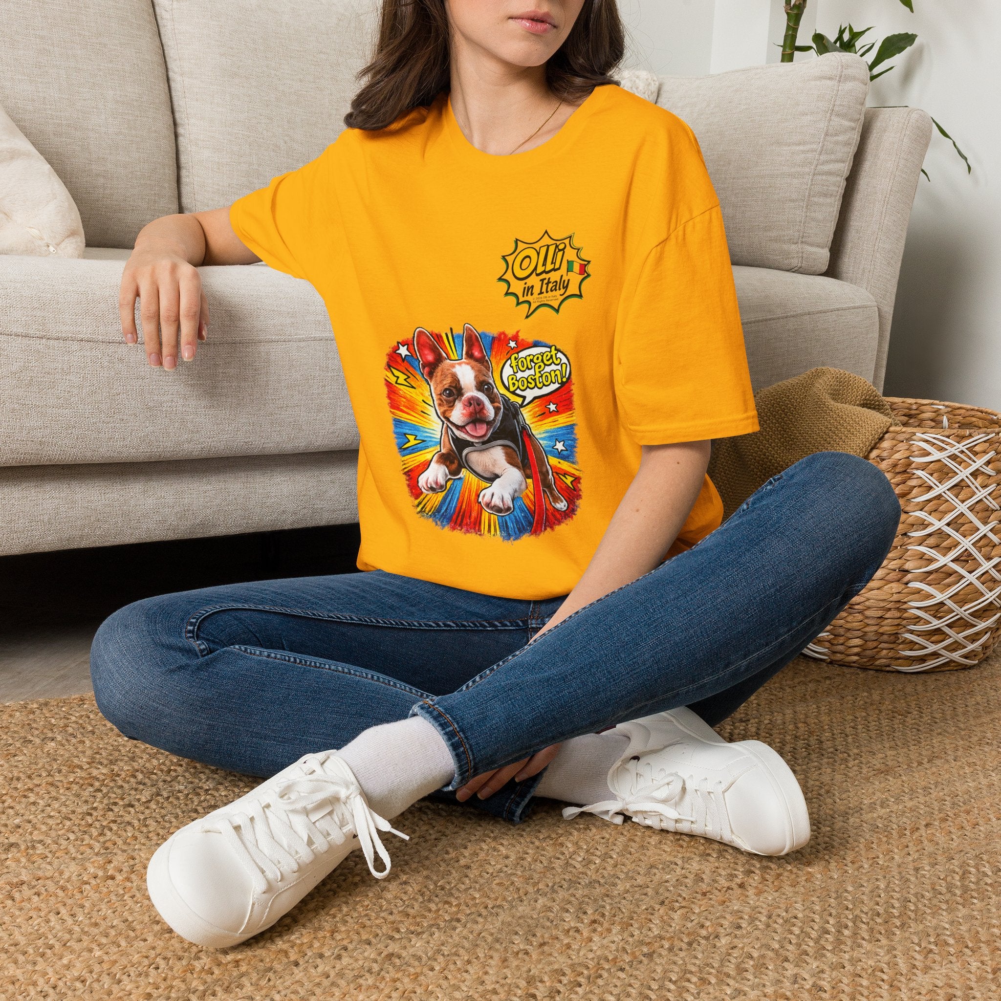Olli in Italy "Forget Boston" Graphic T-Shirt — Colorful Dog Pop Art Tee