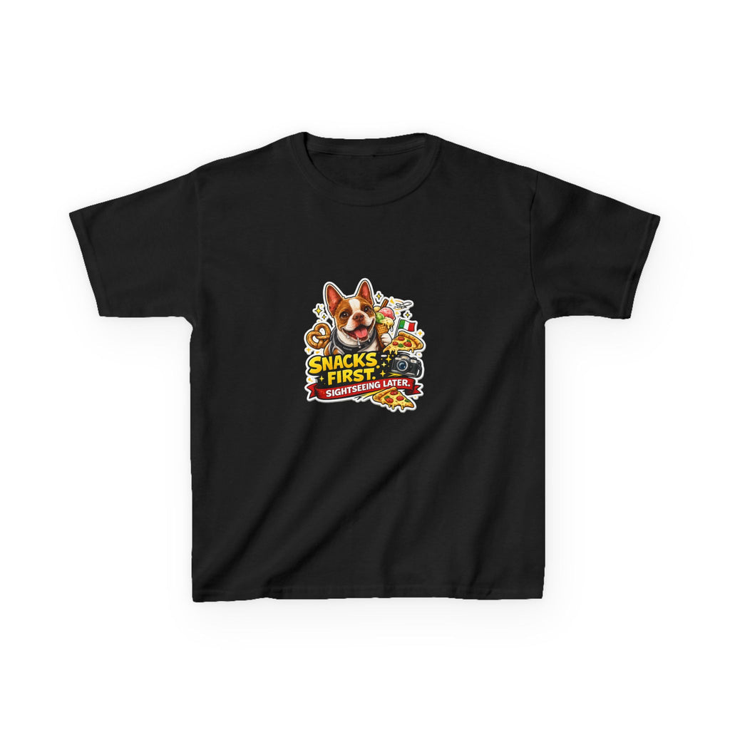 Kids T‑Shirt — "Snacks First" Funny Olli the Boston Terrier Graphic Tee for Children