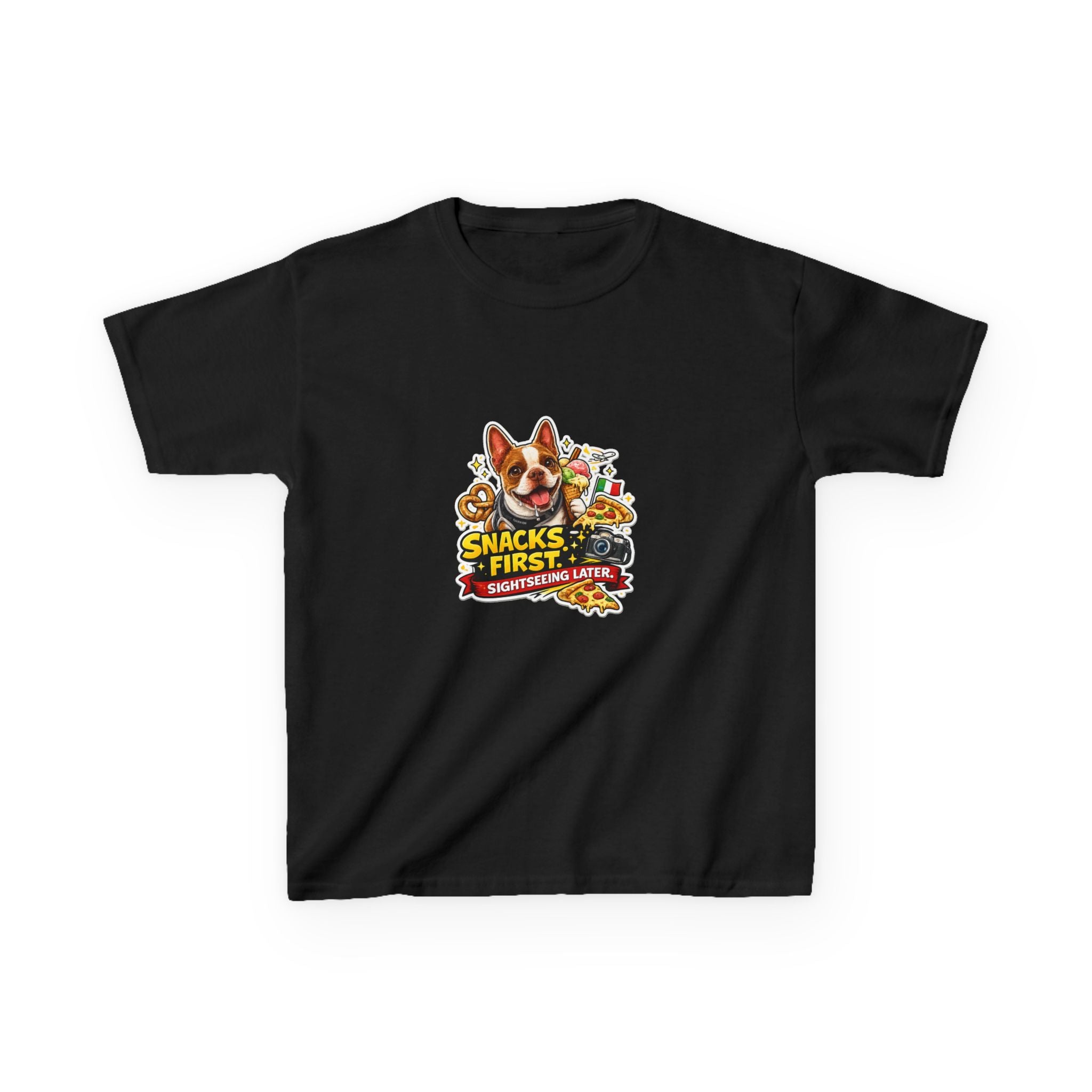Kids T‑Shirt — "Snacks First" Funny Olli the Boston Terrier Graphic Tee for Children